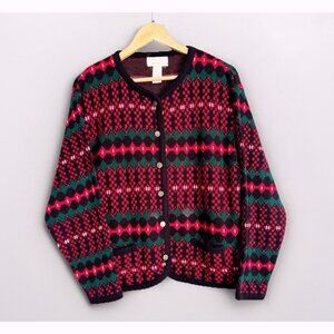 VTG Tally Ho Women's Christmas Fair Isle Nordic Cardigan Size XL Red Classic